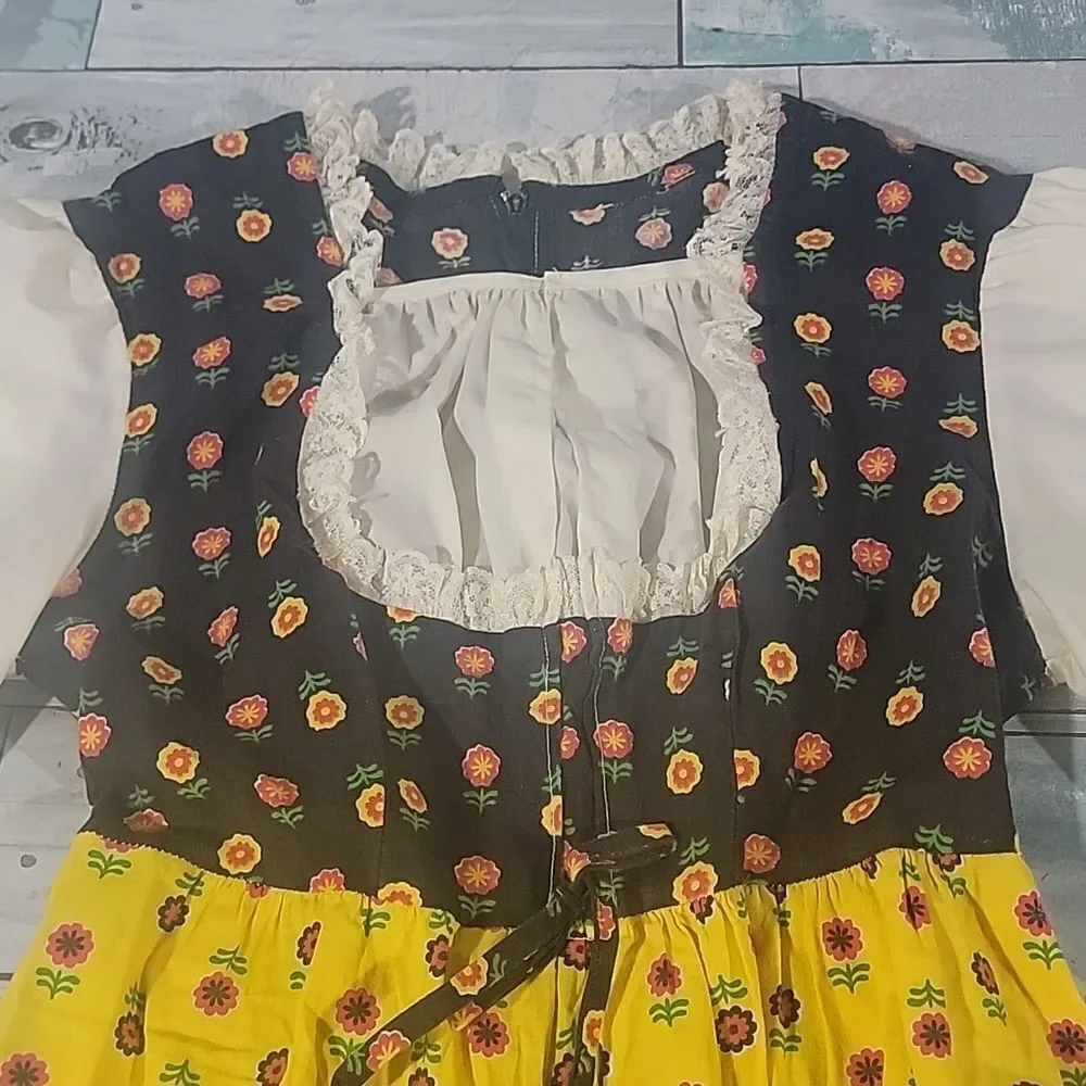 HOMEMADE Girls Vintage Floral Floor Length Dress Super Vute Yellow, Cream n Navy